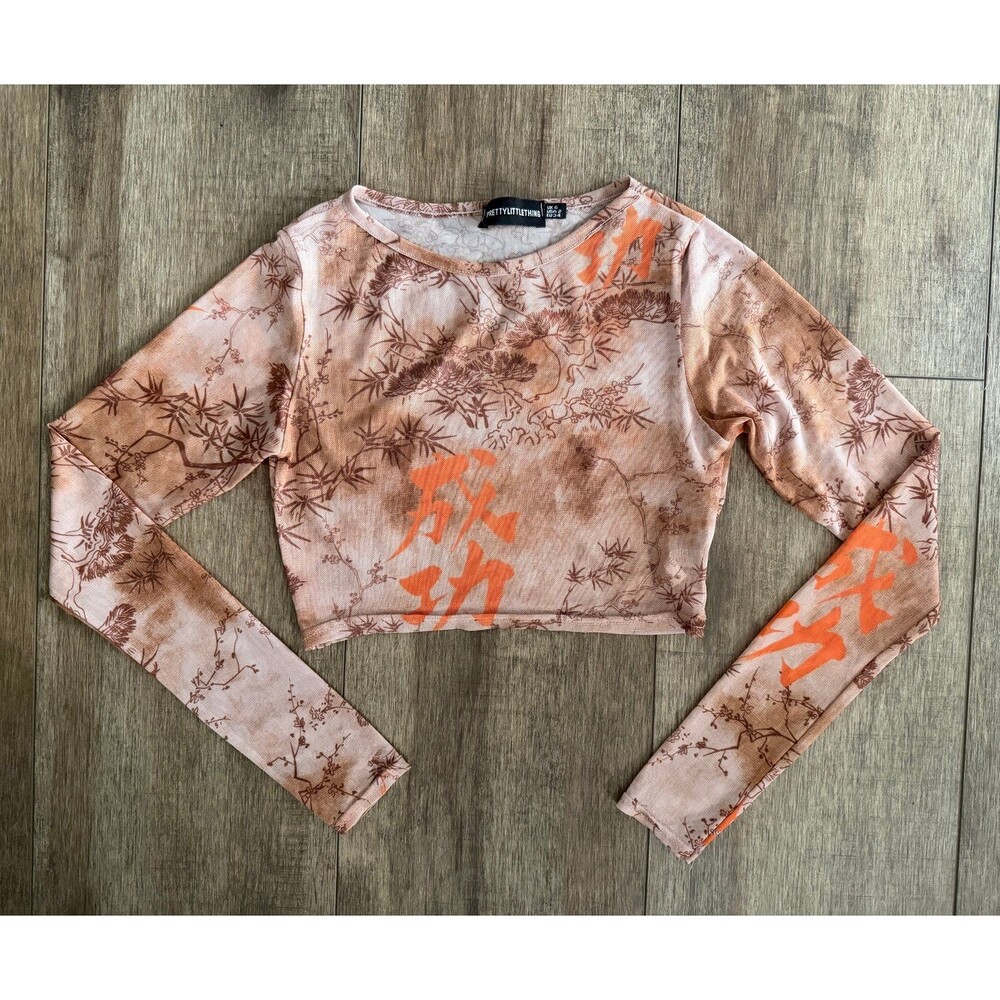 PrettyLittleThing Brown Mesh Oriental Print Long Sleeve Crop Top Size 2